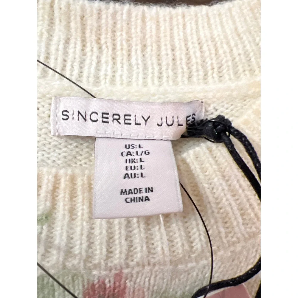 Sincerely Jules Floral Short Sleeve Knit Sweater‎ Cream Pink Green Large NEW!